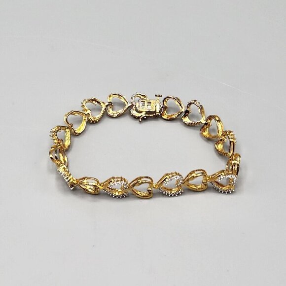 Unbranded Jewelry - Gold Plated Sterling Silver Heart Link Chain Bracelet 925 Clear Stones 7" Long